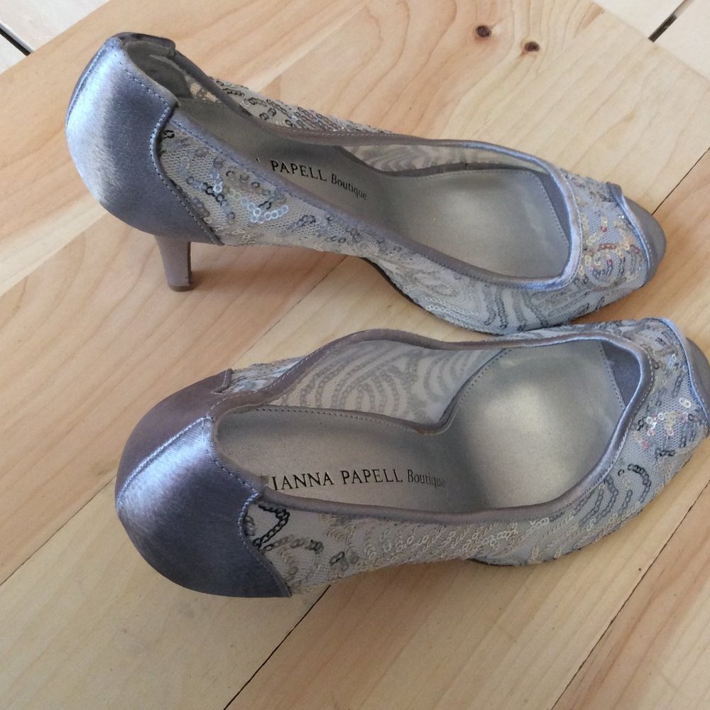 Silver Mesh Sequin Open Toe Pump - image 2